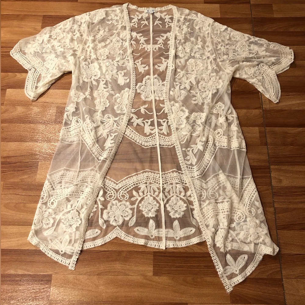 She + Sky cream/ivory lace long midi kimono cardigan flowy boho coverup-size m/l